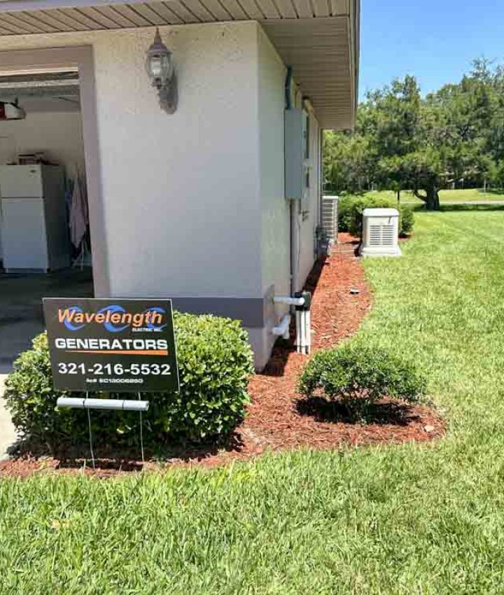 A yard view of a house in Melbourne, FL, featuring a newly installed generator from Wavelength Electrical Contracting Inc. A sign in the foreground displays the company's name and contact number. The generator is positioned on a concrete pad beside the house, with well-maintained landscaping and a green lawn surrounding the area. The open garage in the background reveals various household items, adding to the residential setting.